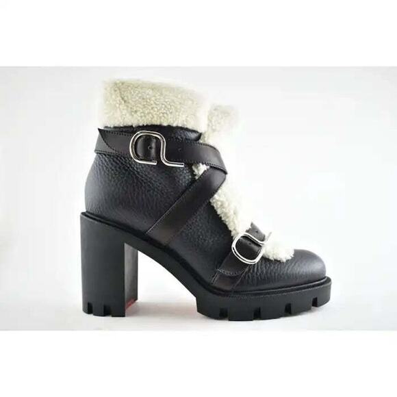 Christian Louboutin Pole Chic 70 Black Leather Shearling Heel Combat Boot 41 - Picture 3 of 9